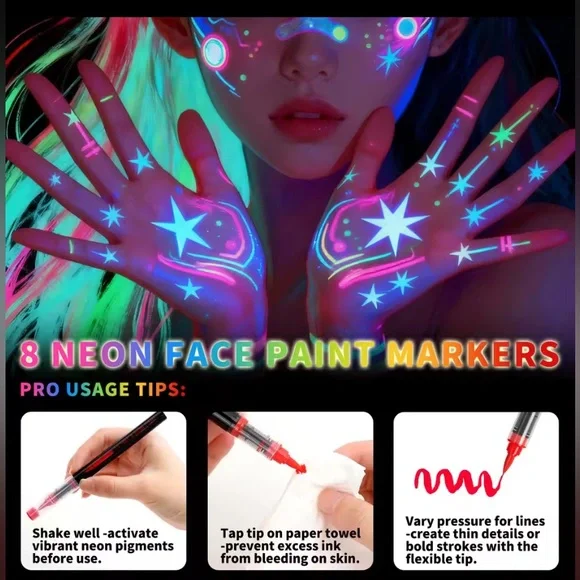 UV Face & Body Paint Neon Marker Set - 8 Fluorescent Colors | Go wild with color - Picture 3 of 9